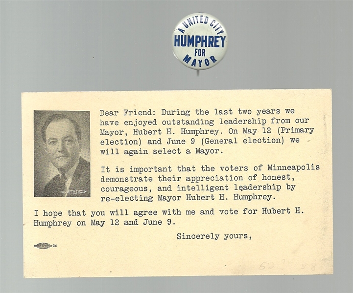 Humphrey for Minneapolis Mayor Pin and Card