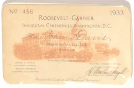 Roosevelt-Garner Texas Elector Pass for 1933 Inauguration