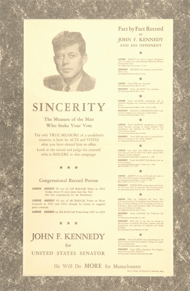 John F. Kennedy for U.S. Senate Sincerity Poster