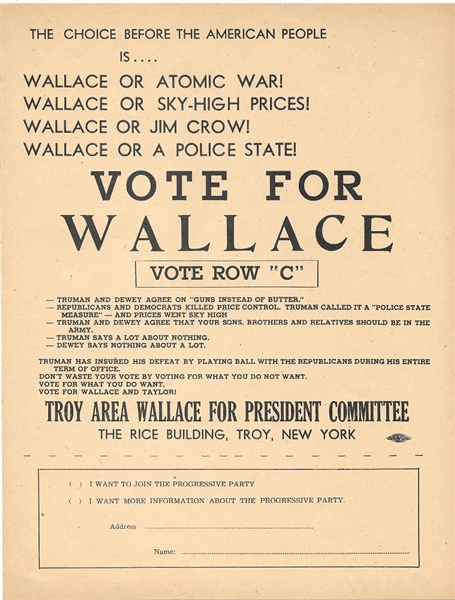 Vote for Henry Wallace New York Handbill