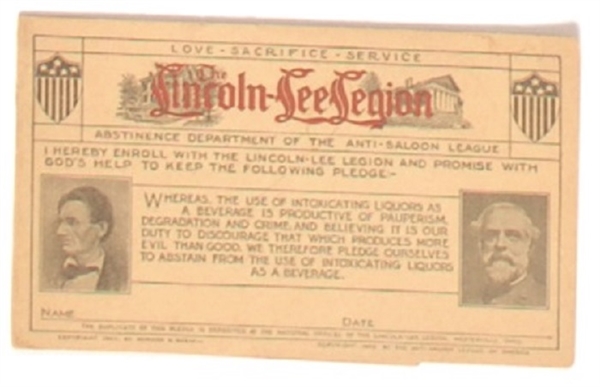 Lincoln-Lee Legion Anti Saloon League Card