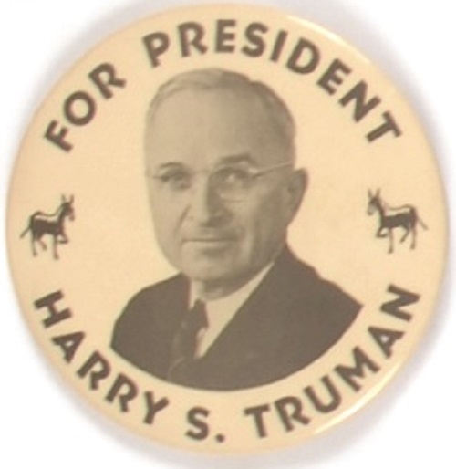 Truman for President Large Celluloid with Donkeys