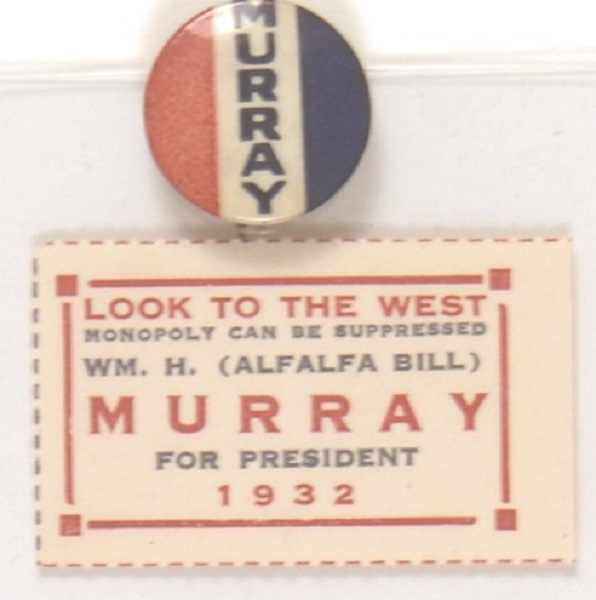 Alfalfa Bill Murray for President Pin and Stamp