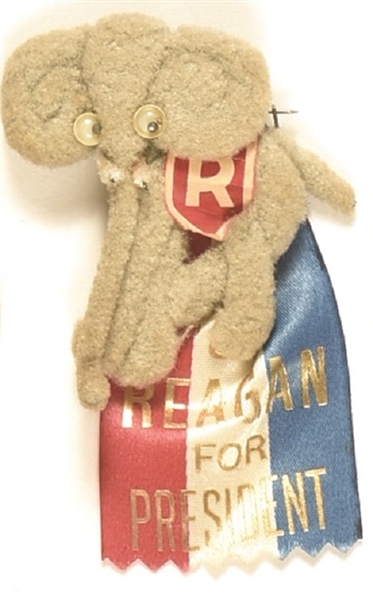 Reagan for President Rare Cloth Elephant Pin, Ribbon