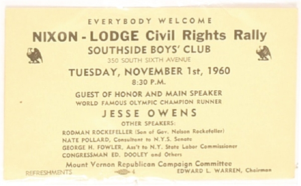 Nixon, Lodge, Jesse Owens Civil Rights Rally ticket