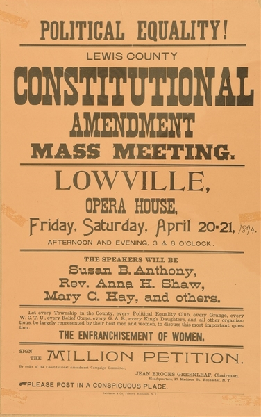 Lowville, NY, Anthony and Shaw Suffrage Meeting Poster