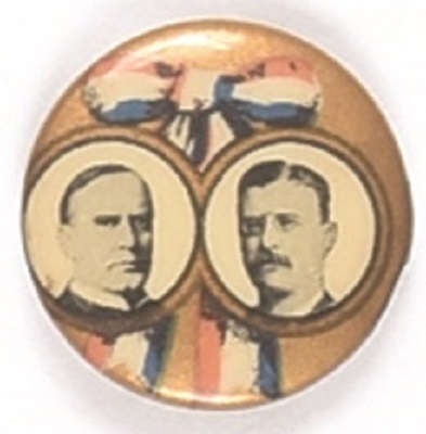 McKinley, Roosevelt Gold Pin with Ribbon Design
