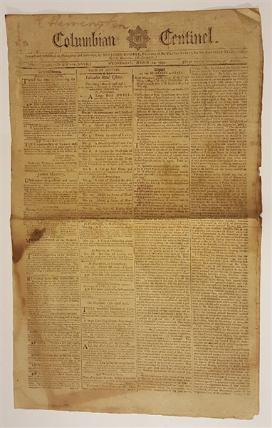 John Adams 1797 Inaugural Newspaper