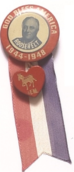 Franklin Roosevelt God Bless America pin, Ribbon, Heart Charm