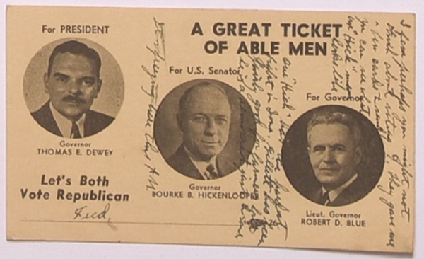 Dewey, Hickenlooper, Blue Iowa Postcard