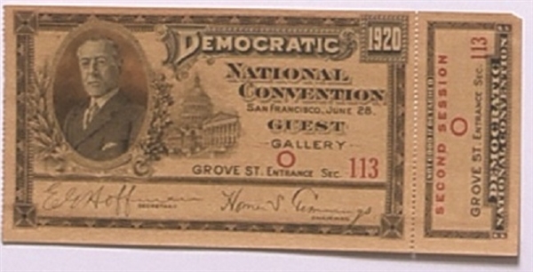 James Cox 1920 Democratic Convention Ticket