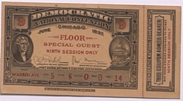 Franklin Roosevelt 1932 Democratic Convention Ticket