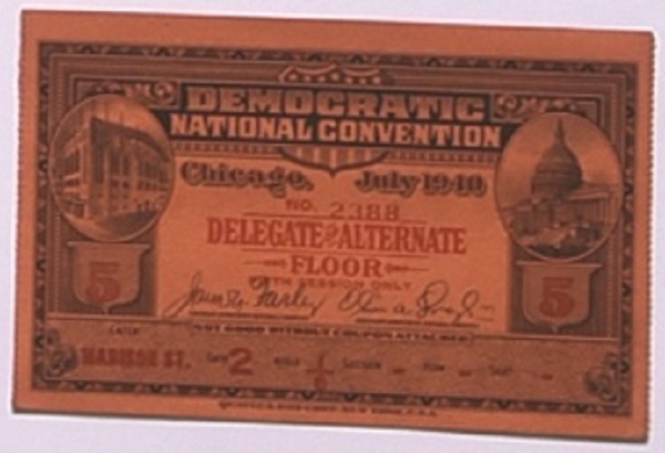 Franklin Roosevelt 1940 Democratic Convention Ticket