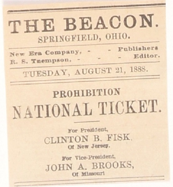 Fisk, Brooks Prohibition Party Newspaper Ad