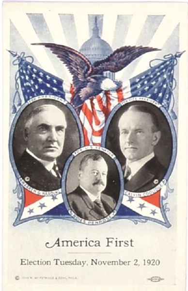 Harding, Coolidge, Penrose America First Election Card