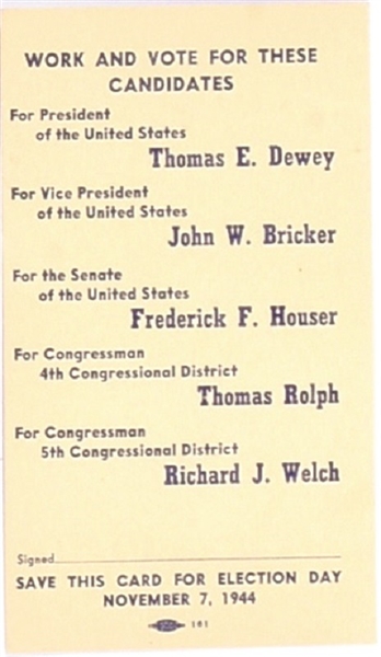 Dewey, Bricker 1944 California Postcard