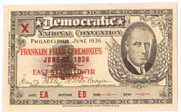 Franklin Roosevelt 1936 Convention Ticket