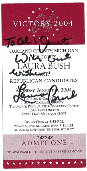 George, Laura Bush Autographed Ticket 