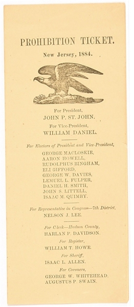 St. John, Daniel 1884 New Jersey Prohibition Ballot