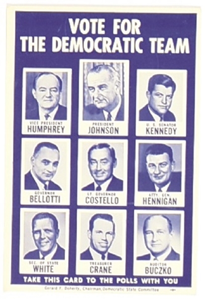 Lyndon Johnson, Ted Kennedy Massachusetts Election Card