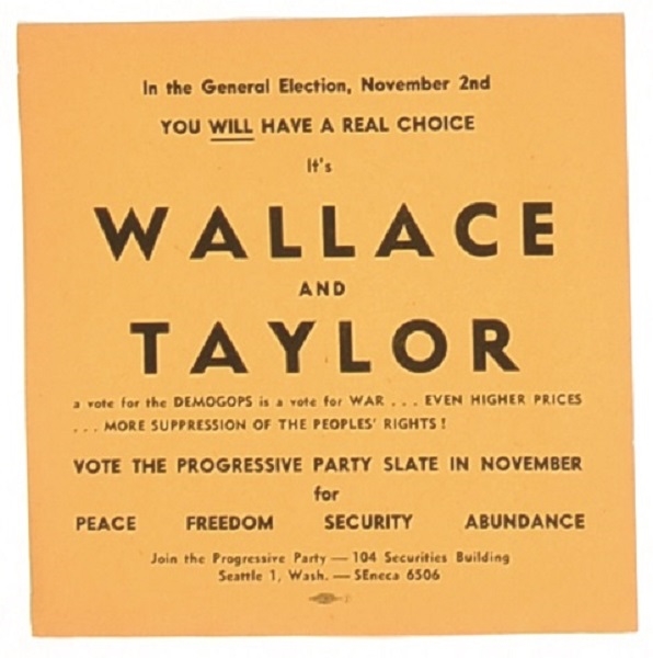 Wallace, Taylor Washington Progressive Party Paper Ad