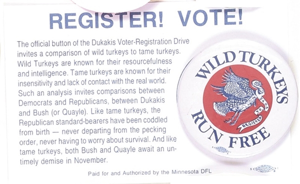 Dukakis Wild Turkeys Run Free Pin and Card