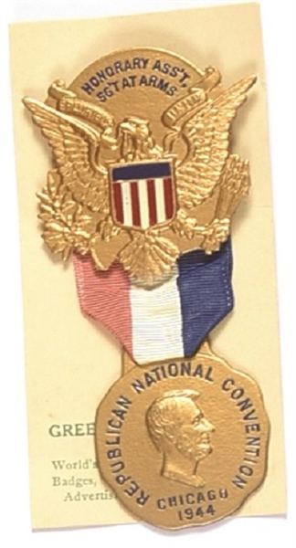 Dewey 1944 Asst. Sgt. Arms Convention Badge, Card