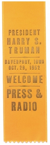 Truman Davenport, Iowa, 1952 Welcome Ribbon