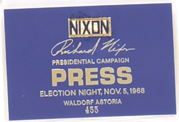Nixon Rare 1968 Election Night Press Badge