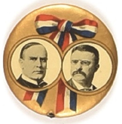 McKinley, Roosevelt Gold Ribbon Design Celluloid Jugate