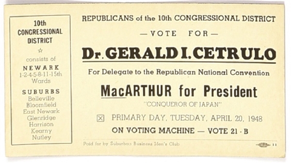 Dr. Gerald Cetrulo for Delegate, MacArthur for President Blotter