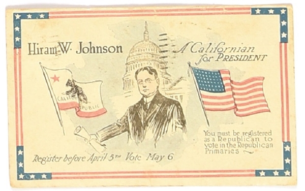 Hiram Johnson for President Postcard