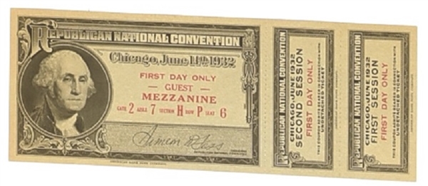 Hoover 1932 Convention Ticket With Stubs