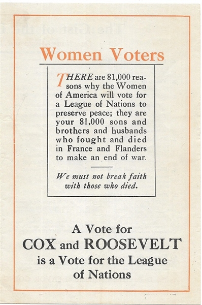 Cox and Roosevelt Women Voters League of Nations Pamphlet
