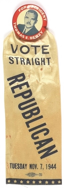 Dewey Vote Straight Republican 1944 Pin and Ribbon
