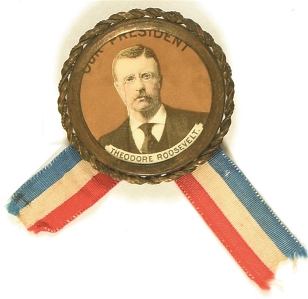 Theodore Roosevelt  Gold Celluloid With Ribbons