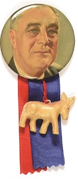 Franklin Roosevelt Pin with Donkey, Ribbons