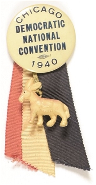 FDR 1940 Convention Pin, Donkey, Ribbons