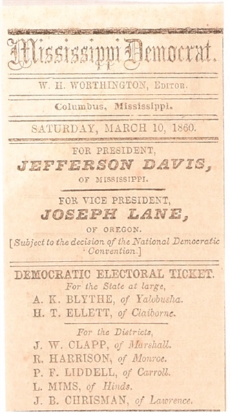 Jefferson Davis Mississippi Democrat Presidency Ballot