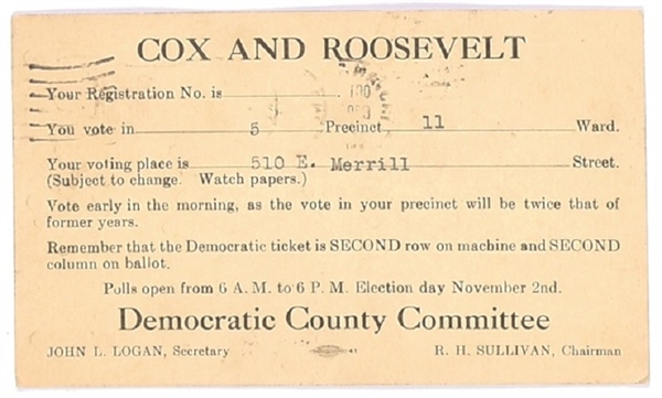 Cox and Roosevelt Campaign Postcard