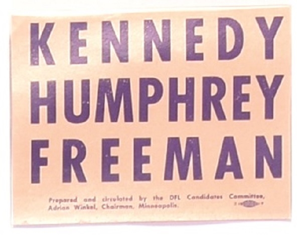 Kennedy, Humphrey, Freeman Minnesota Campaign Card