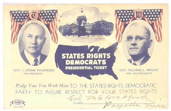 Thurmond, Wright Rare States Rights Postcard