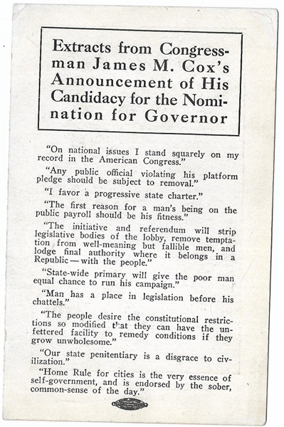Congressman James M. Cox Campaign Card