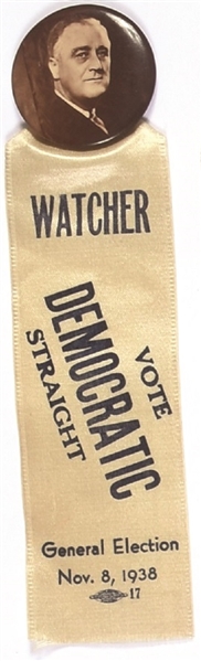FDR Democratic Party 1938 Pin and Watcher Ribbon