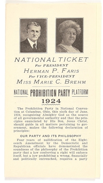 Faris-Brehm 1924 Prohibition Party Pamphlet