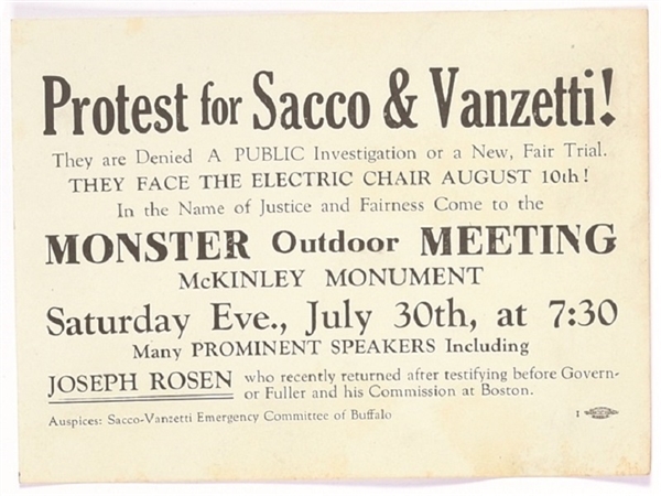 Protest for Sacco and Vanzetti New York Handbill
