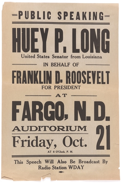 Rare Huey Long, FDR Poster