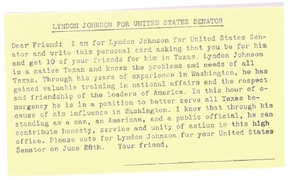 Johnson Texas US Senate Postcard