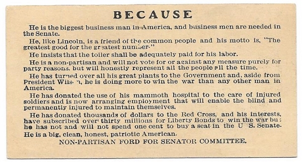 Henry Ford for US Senate Card