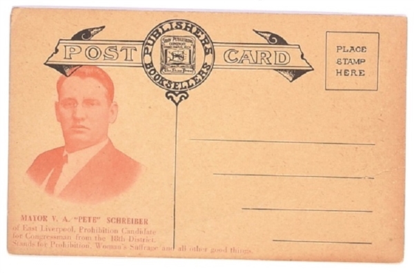 Schriber for Congress Prohibition, Suffrage Postcard